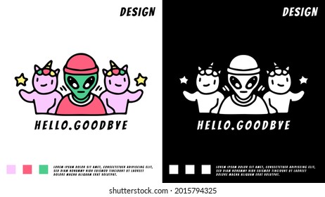 hype alien and unicorn cartoon. illustration for t shirt, poster, logo, sticker, or apparel merchandise.