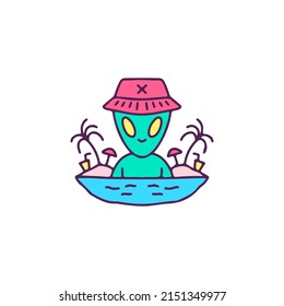 Hype alien wearing bucket hat on the beach, illustration for t-shirt, sticker, or apparel merchandise. With doodle, retro, and cartoon style.