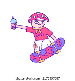 Hype amanita mushroom character holding drinks and freestyle with skateboard, illustration for t-shirt, sticker, or apparel merchandise. With modern pop art.