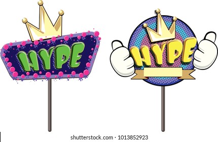 Hype. Badge or placard stick with colorful graphic elements and space for text. Vector