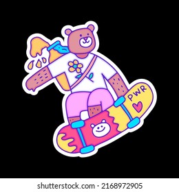 Hype bear with jar of honey riding skateboard, illustration for t-shirt, sticker, or apparel merchandise. With doodle, retro, and cartoon style.