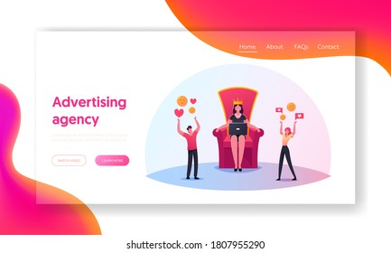 Hype, Blogging, Networking Landing Page Template. Characters with Social Media Icons Stand at Throne with Woman in Huge Crown. Followers Honor Queen Popular Star. Cartoon People Vector Illustration