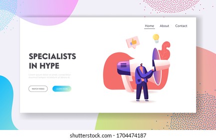 Hype, Blogging or Social Media Networking Landing Page Template. Man Character Stand at Huge Megaphone with Smartphone in Hand Broadcasting Viral Streaming Video Post. Cartoon Vector Illustration