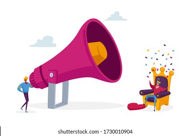 Hype, Blogging or Social Media Networking Concept. Man Character Stand at Huge Megaphone front of Throne with King Throw Money. Viral Streaming Post, Announcement. Cartoon People Vector Illustration