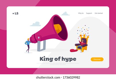 Hype, Blogging or Social Media Networking Landing Page Template. Man Character Stand at Huge Megaphone front of Throne with King Throw Money. Viral Streaming Post. Cartoon People Vector Illustration