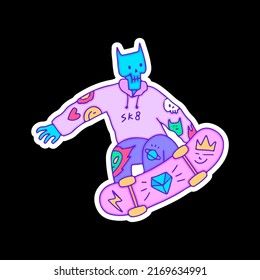 Hype blue skull cat character wearing sweater and freestyle with skateboard, illustration for t-shirt, sticker, or apparel merchandise. With modern doodle art.