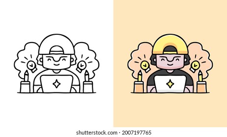 hype boy playing laptop mascot cartoon. illustration for t shirt, poster, logo, sticker, or apparel merchandise.