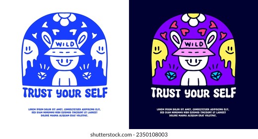 Hype bunny in bucket hat with trust yourself typography, illustration for logo, t-shirt, sticker, or apparel merchandise. With doodle, retro, groovy, and cartoon style.