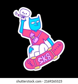 Hype cat character holding skull head smoke cigarette and freestyle with skateboard, illustration for t-shirt, sticker, or apparel merchandise. With doodle, retro, and cartoon style.