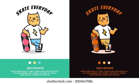 hype cat chill out with skateboard design cartoon. illustration for t shirt, poster, logo, sticker, or apparel merchandise.