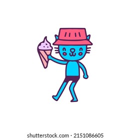 Hype cat wearing bucket hat holding ice cream, illustration for t-shirt, sticker, or apparel merchandise. With doodle, retro, and cartoon style.