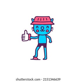 Hype cat wearing bucket hat holding like button, illustration for t-shirt, sticker, or apparel merchandise. With doodle, retro, and cartoon style.