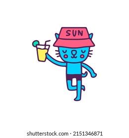 Hype cat wearing bucket hat holding lemon juice, illustration for t-shirt, sticker, or apparel merchandise. With doodle, retro, and cartoon style.