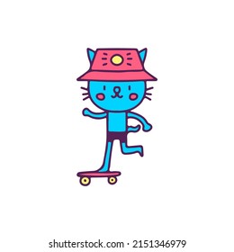 Hype cat wearing bucket hat riding skateboard, illustration for t-shirt, sticker, or apparel merchandise. With doodle, retro, and cartoon style.