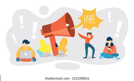 Hype concept. People stand around big megaphone. Idea of promote and advertising campaign. Global promotion. Isolated flat illustration