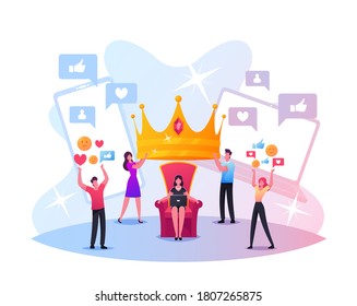 Hype Concept. Tiny Male and Female Characters Put Huge Royal Crown on Woman Head Sitting on Throne. Social Media Viral or Fake Content Spreading, Popularity, Fame. Cartoon People Vector Illustration