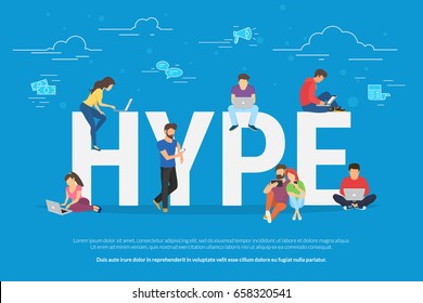 Hype concept vector illustration of young people using laptop and smartphone for following internet trends and hyping new marketing ideas. Flat design of guys and women with advertisiments symbols