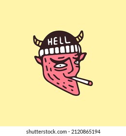 Hype devil head in beanie hat smoking cigarette, illustration for t-shirt, sticker, or apparel merchandise. With retro cartoon style.