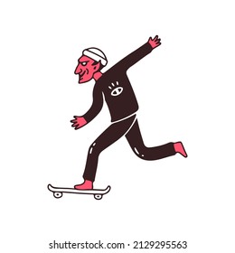 Hype devil riding skateboard, illustration for t-shirt, sticker, or apparel merchandise. With doodle, retro, and cartoon style.