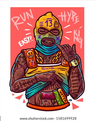 Hype guy in tattoos. Swag rapper with water gun. Rap cover album design element.  Vector illustration with gangster. Street art rap culture. Gangster with gold chain in ski mask.   Black lives matter