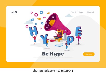 Hype Landing Page Template. Tiny Characters with Huge Letters in Hands and Megaphone. King on Throne with Money. Social Media Viral or Fake Content Spreading. Cartoon People Vector Illustration