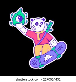 Hype panda with yin and yang symbol riding skateboard, illustration for t-shirt, sticker, or apparel merchandise. With doodle, retro, and cartoon style.