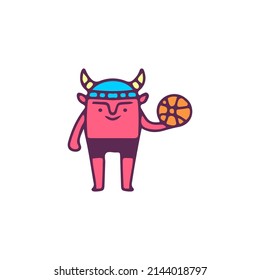 Hype red devil with basketball, illustration for t-shirt, sticker, or apparel merchandise. With doodle, retro, and cartoon style.