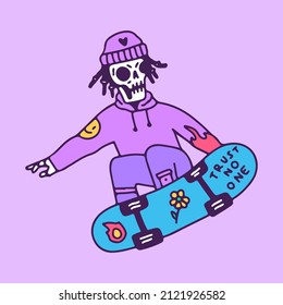 Hype skeleton in beanie hat and sweater freestyle with skateboard, illustration for t-shirt, sticker, or apparel merchandise. With retro cartoon style.