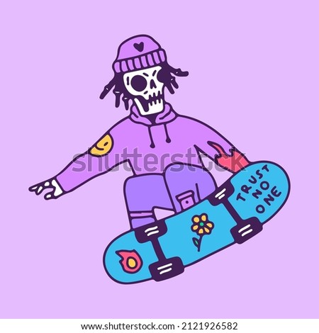Hype skeleton in beanie hat and sweater freestyle with skateboard, illustration for t-shirt, sticker, or apparel merchandise. With retro cartoon style.