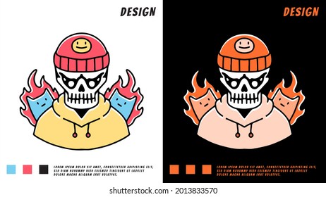 hype skull in beanie hat with cats on fire. illustration for t shirt, poster, logo, sticker, or apparel merchandise.