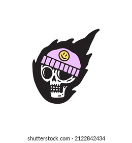 Hype skull in beanie hat and fire, illustration for t-shirt, sticker, or apparel merchandise. With doodle, soft pop, and cartoon style.