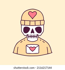 Hype skull in beanie hat with love letter, illustration for t-shirt, poster, sticker, or apparel merchandise. With cartoon style.