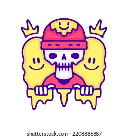 Calavera con sombrero de beanie con sonrisa derretida, emoji cara doodle arte, ilustración para camisetas, pegatinas o prendas de vestir. Con estilo pop moderno.