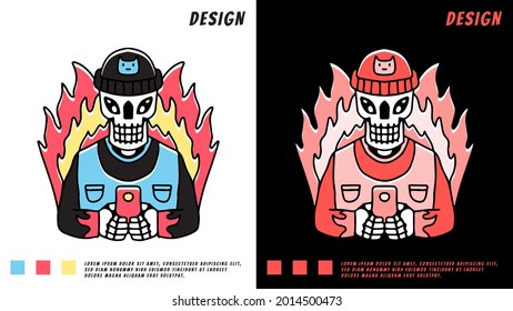 hype skull in beanie hat playing a gadget with fire element. illustration for t shirt, poster, logo, sticker, or apparel merchandise.