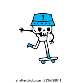 Hype Skull With Bucket Hat Riding Skateboard, Illustration For T-shirt, Street Wear, Sticker, Or Apparel Merchandise. With Doodle, Retro, And Cartoon Style.