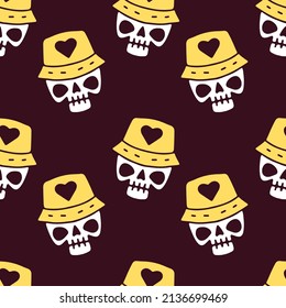 Hype skull with bucket head on dark background seamless pattern. Modern vintage, pop art style seamless pattern concept.