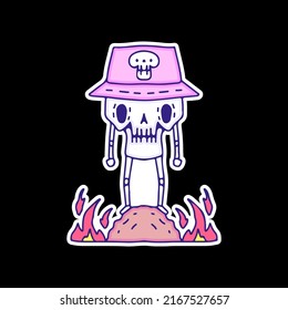 Hype skull character wearing bucket hat standing around fire, illustration for t-shirt, sticker, or apparel merchandise. Street art cartoon.