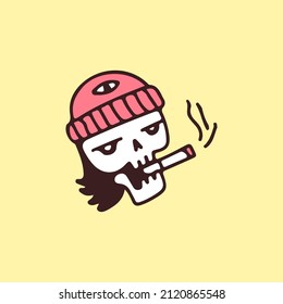 Hype skull head in beanie hat smoking cigarette, illustration for t-shirt, sticker, or apparel merchandise. With retro cartoon style.