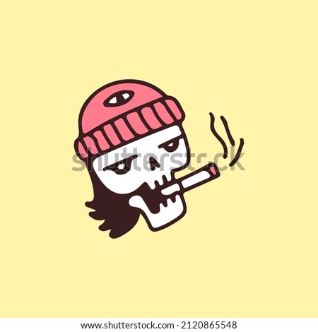 Hype skull head in beanie hat smoking cigarette, illustration for t-shirt, sticker, or apparel merchandise. With retro cartoon style.