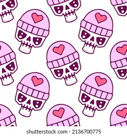 Hype skull with love beanie hat on white background seamless pattern. Modern vintage, pop art style seamless pattern concept.