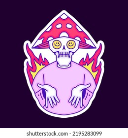 Hype skull in mushroom hat with fire cartoon, illustration for t-shirt, sticker, or apparel merchandise. With modern pop and retro style.