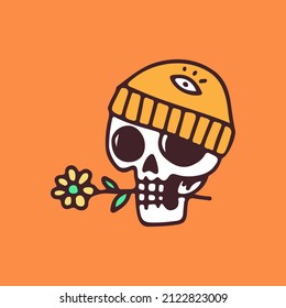 Hype skull wearing beanie hat and bite a sunflower, illustration for t-shirt, sticker, or apparel merchandise. With doodle, soft pop, and cartoon style.