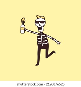 Calavera con sombrero y gafas de sol sosteniendo una botella de cerveza, ilustración para camisetas, pegatinas o prendas de vestir. Con estilo de dibujos retro.