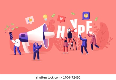 Hype, Social Media Viral or Fake Content Spreading Concept. Tiny Male and Female Characters with Huge Letters in Hands and Megaphone. Money Bills Flying around. Cartoon Vector People Illustration