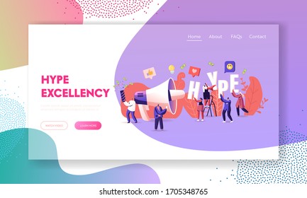 Hype, Social Media Viral or Fake Content Spreading Landing Page Template. Tiny Characters with Huge Letters in Hands and Megaphone. Money Bills Flying around. Cartoon Vector People Vector Illustration