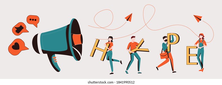 Hype, Social Media Viral or Fake Content Spreading Concept. Tiny Male and Female Characters with Huge Letters in Hands and Megaphone. Money Bills Flying around. Cartoon Vector People Illustration