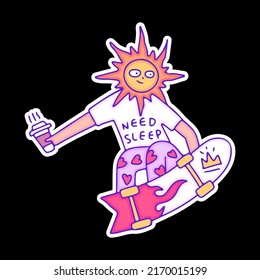 Hype sun character holding cup of coffee and freestyle with skateboard, illustration for t-shirt, sticker, or apparel merchandise. With doodle, retro, and cartoon style.