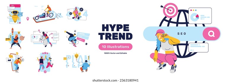 Hype Trend Illustrations with Chat Bot, Error Page, Planning, Strategy, Log In, SEO, Delivery for Presentation UI illustration either for Applications or Websites