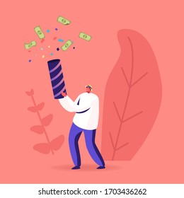 Hype, Viral Info in Social Network, Trends in Advertising, News and Public Relations. Male Character Shoot with Slapstick Confetti and Money Bills Flying Out of Flapper. Cartoon Vector Illustration