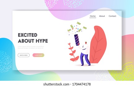 Hype, Viral Info in Social Network Landing Page Template. Trends in Advertising, News. Male Character Shoot with Slapstick Confetti and Money Bills Flying Out of Flapper. Cartoon Vector Illustration